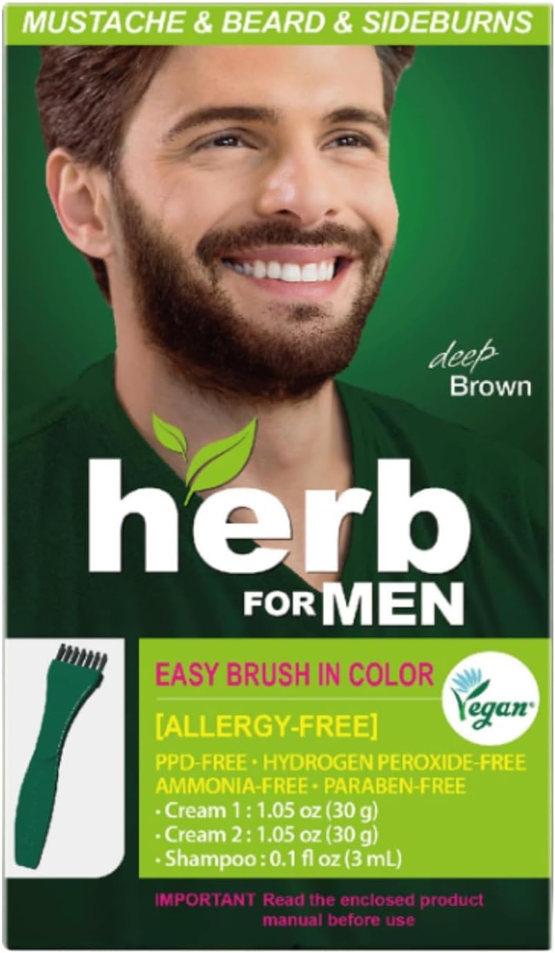 Herb For Men, PPD & Ammonia Free Mustache & Beard Dye, Vegan Natural Ingredients, Odorless, No More Skin Irritations from Coloring for Sensitive Skin – Deep Brown.