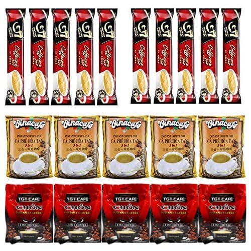 OHMARKET Asian Instant Coffee Mix Variety Sampler 20 Sticks of 3 Different Flavors Assortment (10 Packs of G7 Instant Coffee / 5packs of Chon Coffee, 5 packs of Vinacafe Instant Coffee)