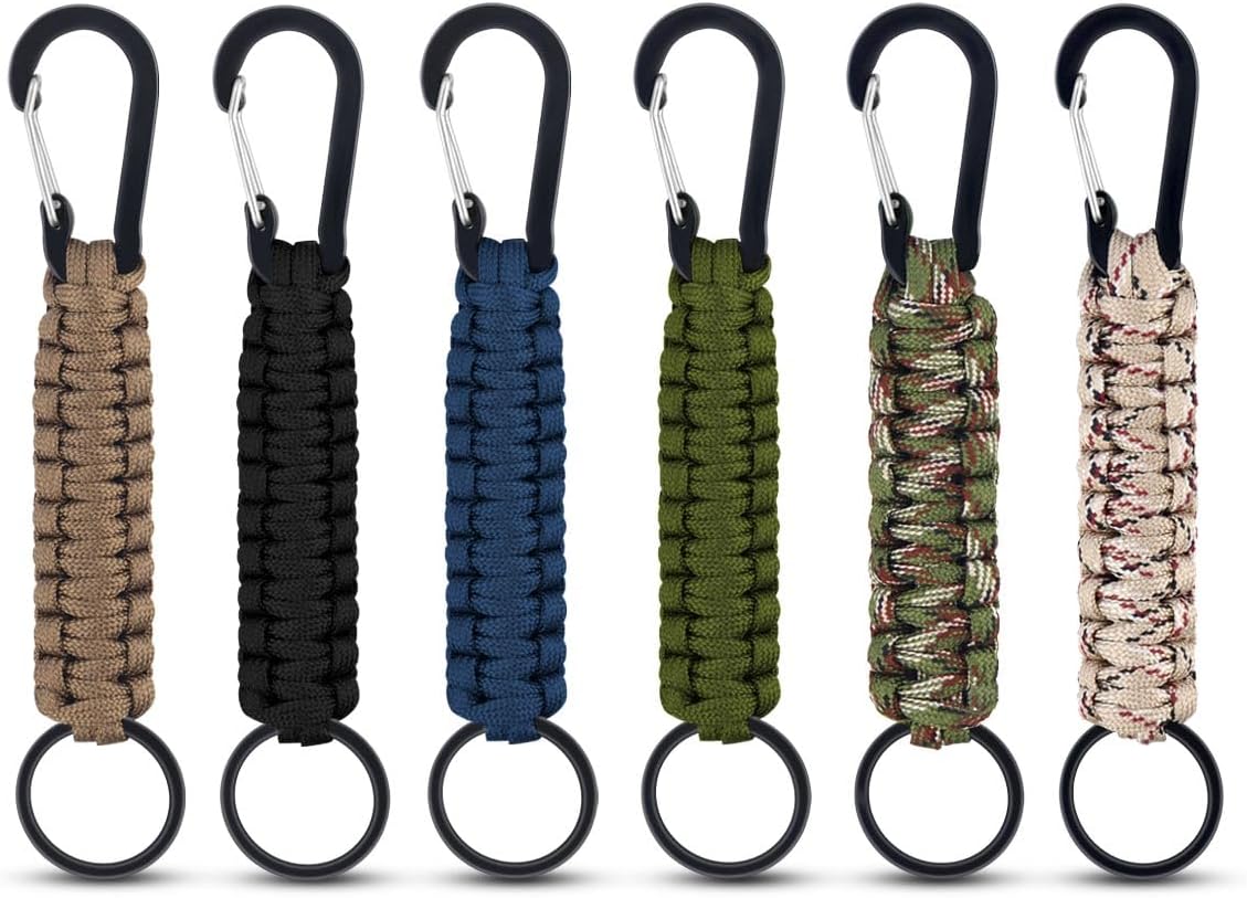 6 Pack Paracord Keychain with Carabiner Braided Lanyard Key Chain Paracord Carabiner Clip for Keys Backpack Paracord Keychain Ring for Men Women Heavy Duty Hook for Outdoor Survival Camping Hiking