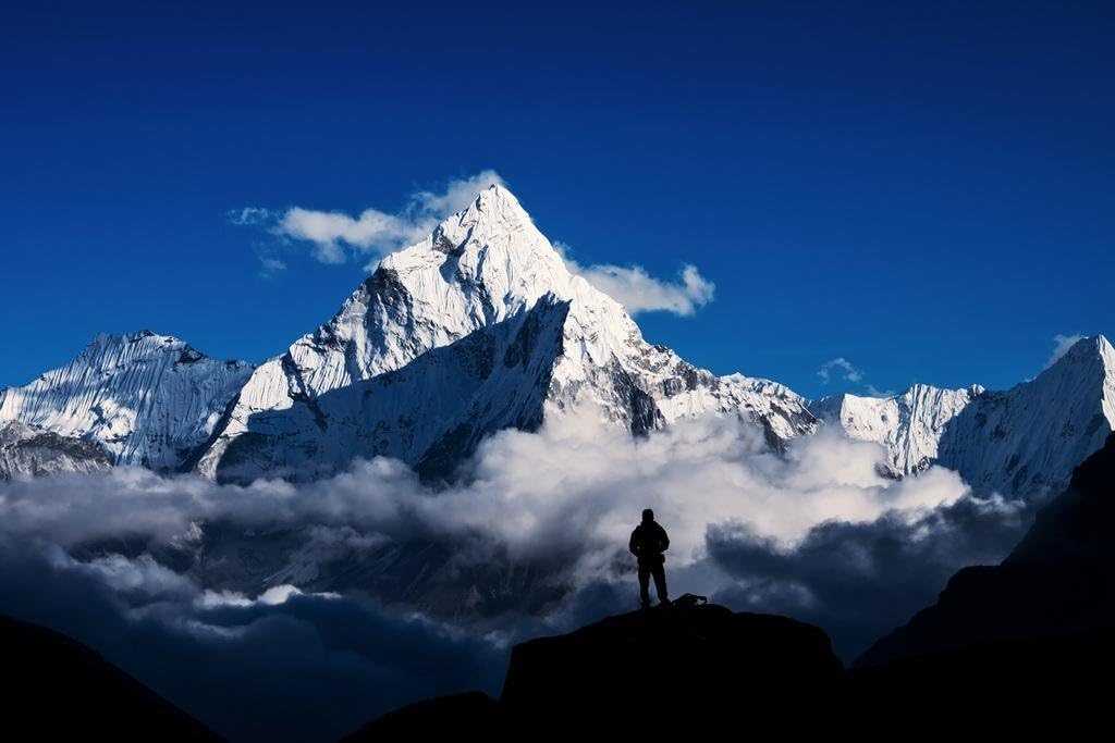 Man Hiking Silhouette In Mount Everest Himalayan Mountains Photo Cool Wall Art Print Poster 36x24