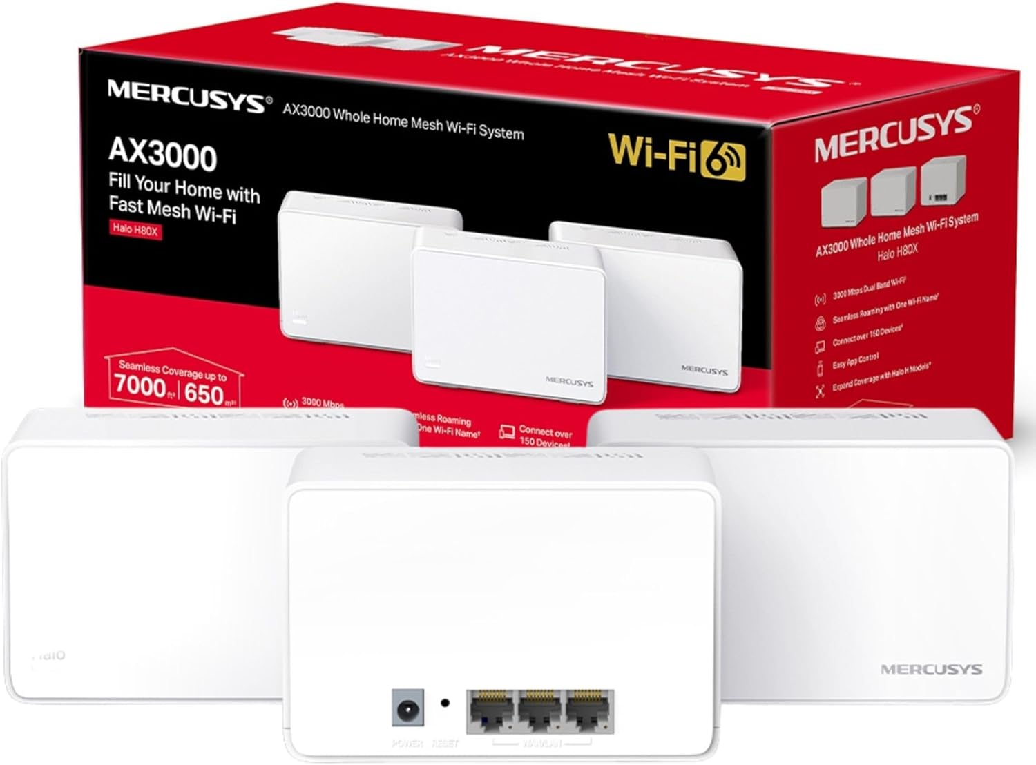 MERCUSYS Halo H80X(3-pack) AX3000Mbps Mesh WiFi 6 System, Gigabit Ports, TP-Link WiFi Mesh System, WiFi Router, WiFi Extender Booster, 7,000ft²(650 m²), Seamless Roaming, Beamforming, Easy Setup