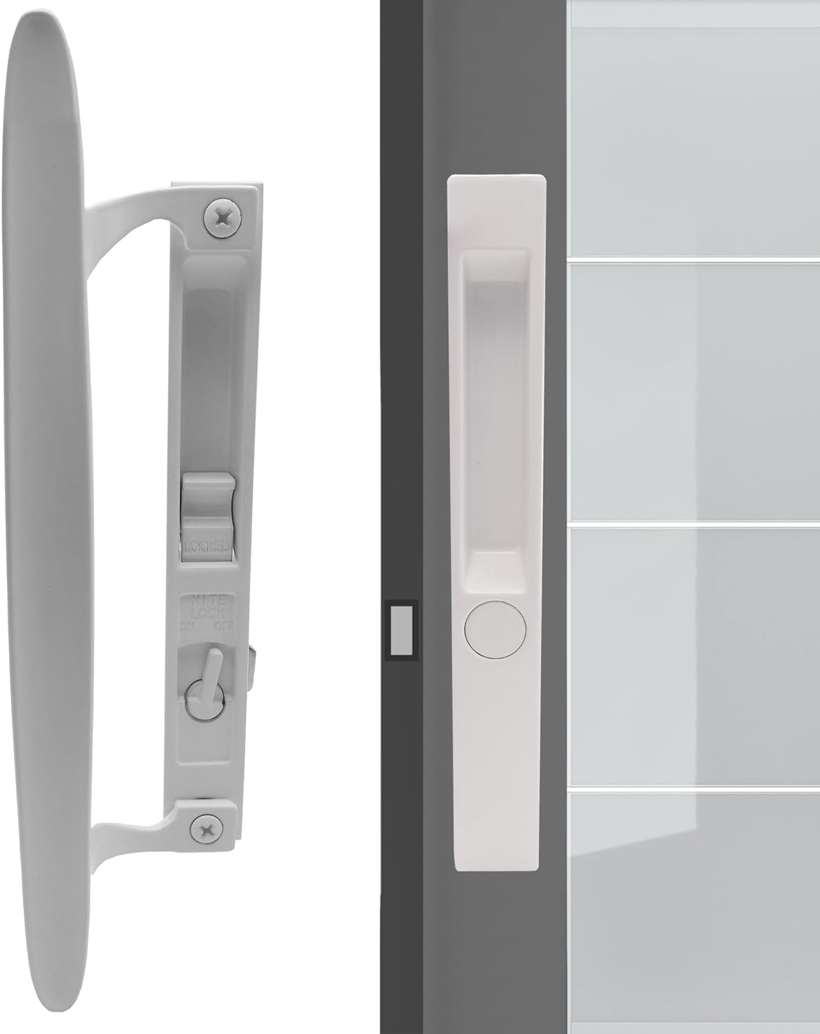 Flush Mount Non-Keyed Sliding Glass Door Handleset, 6-5/8" H.C., Fits 1" to 1-1/8" Thick Doors, Features Night Lock & Hook Latch, Non-Handed, White Diecast