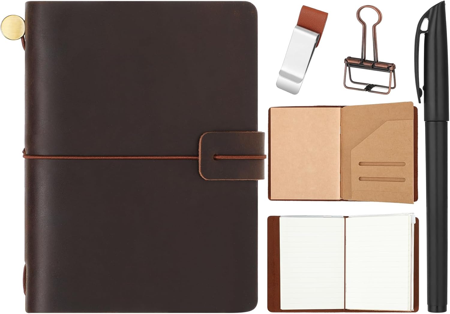 Thenshop Travelers Refillable Leather Journal Notebook Travel Diary Handmade Passport Travelers Journal for Men and Women with 3 Notebook Inserts, Pen Holder, Binder Clip (Brown,Passport Size)