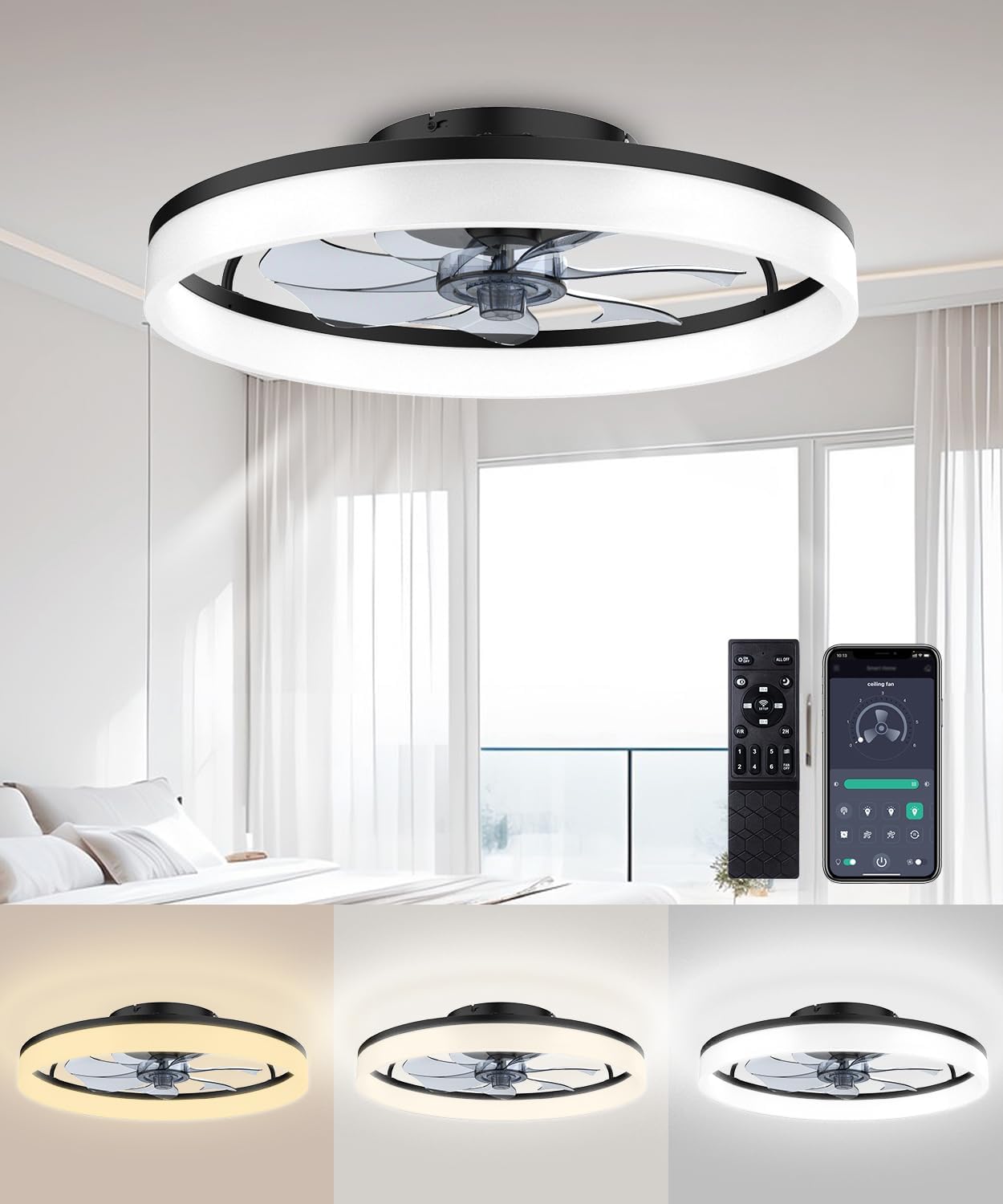 Ceiling Fans with Lights and Remote, 20" Modern Low Profile Ceiling Fan with Light, Stepless Color Temperature Change and 6 Speeds for Bedroom, Kids Room and Living Room (Black)