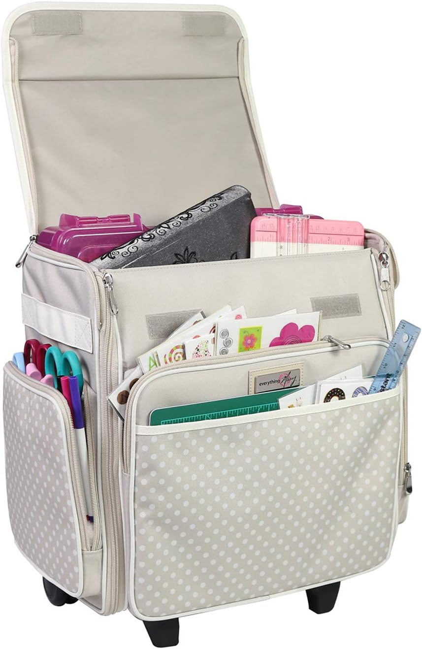 Everything Mary Wheeled Scrapbook Tote for Scrapbooking & Art - Travel Organizer Storage Bin for Paper, Glue, Tape Tan Polka Dots
