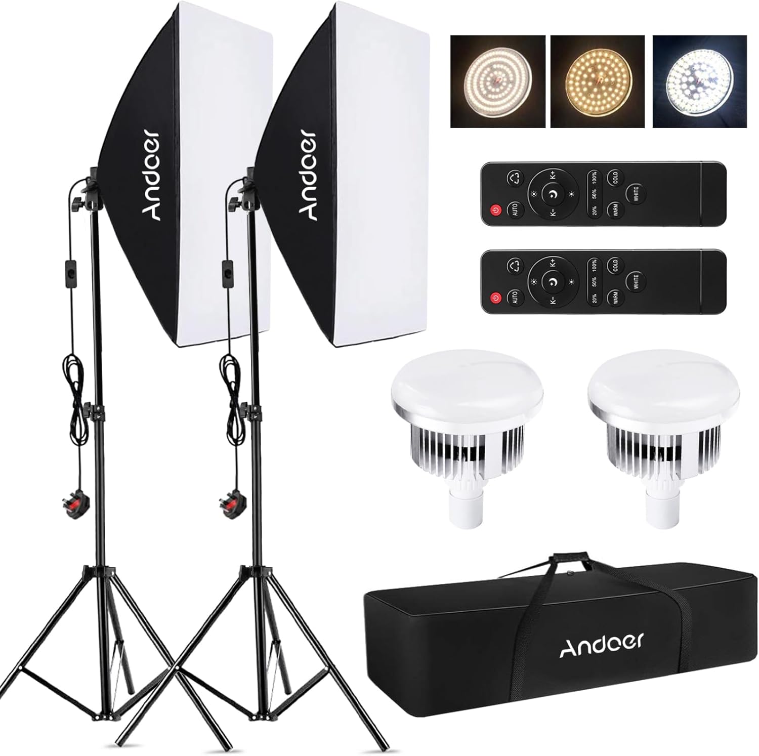 Andoer Softbox Lighting Kit 2800K-5700K 85W Bi-color Temperature LED Bulb with Remote, Photography Lighting Kit with 50x70cm Softbox, 2m Light Stand, Softbox Kit for Studio Photography, 2 Sets