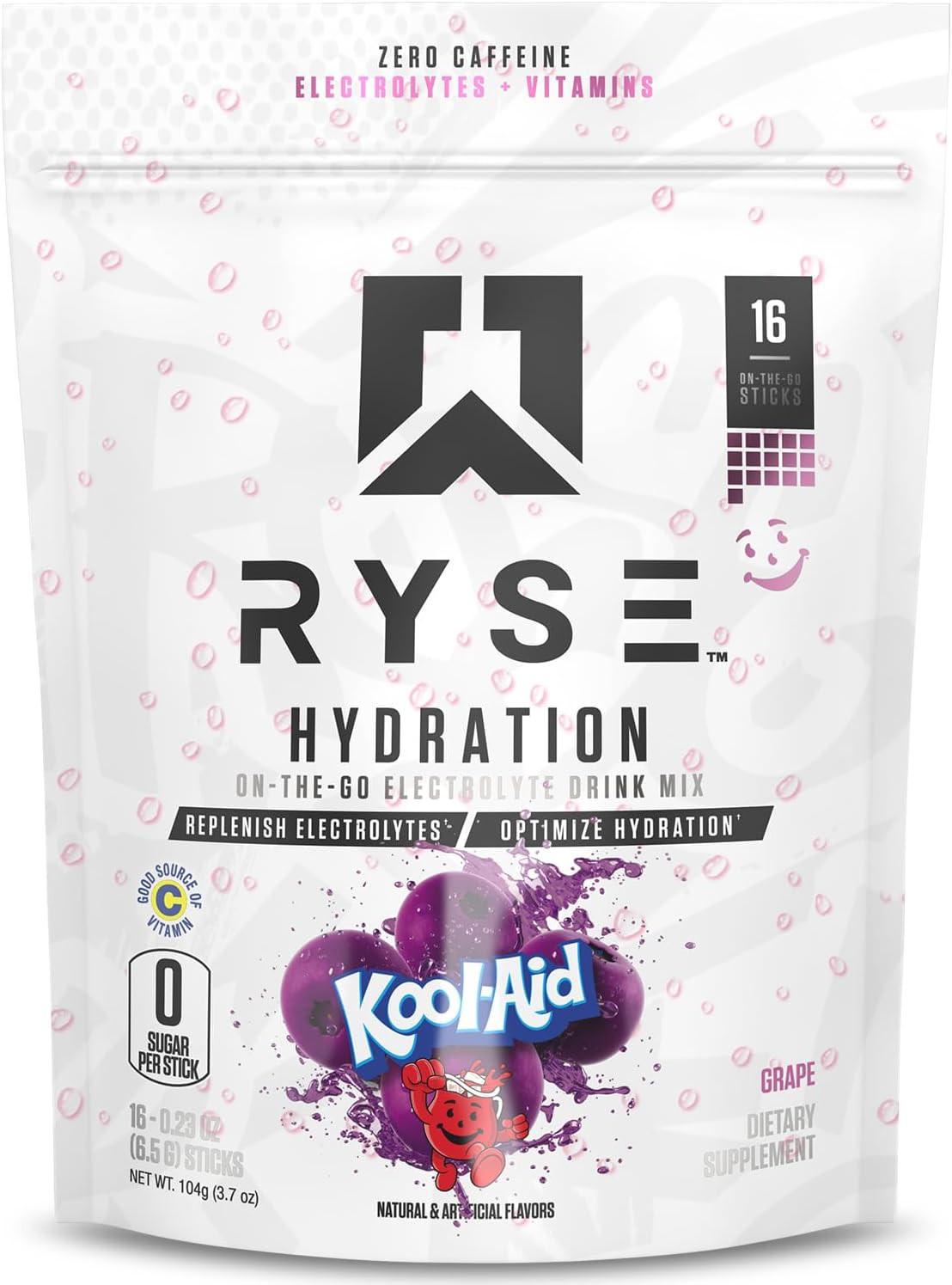 RYSE Hydration Electrolyte Powder Drink Mix Packets - Kool-Aid Grape - Sugar-Free Full Spectrum Electrolytes with Essential Vitamins, Taurine and Choline for Rehydration - 16 Serving Sticks