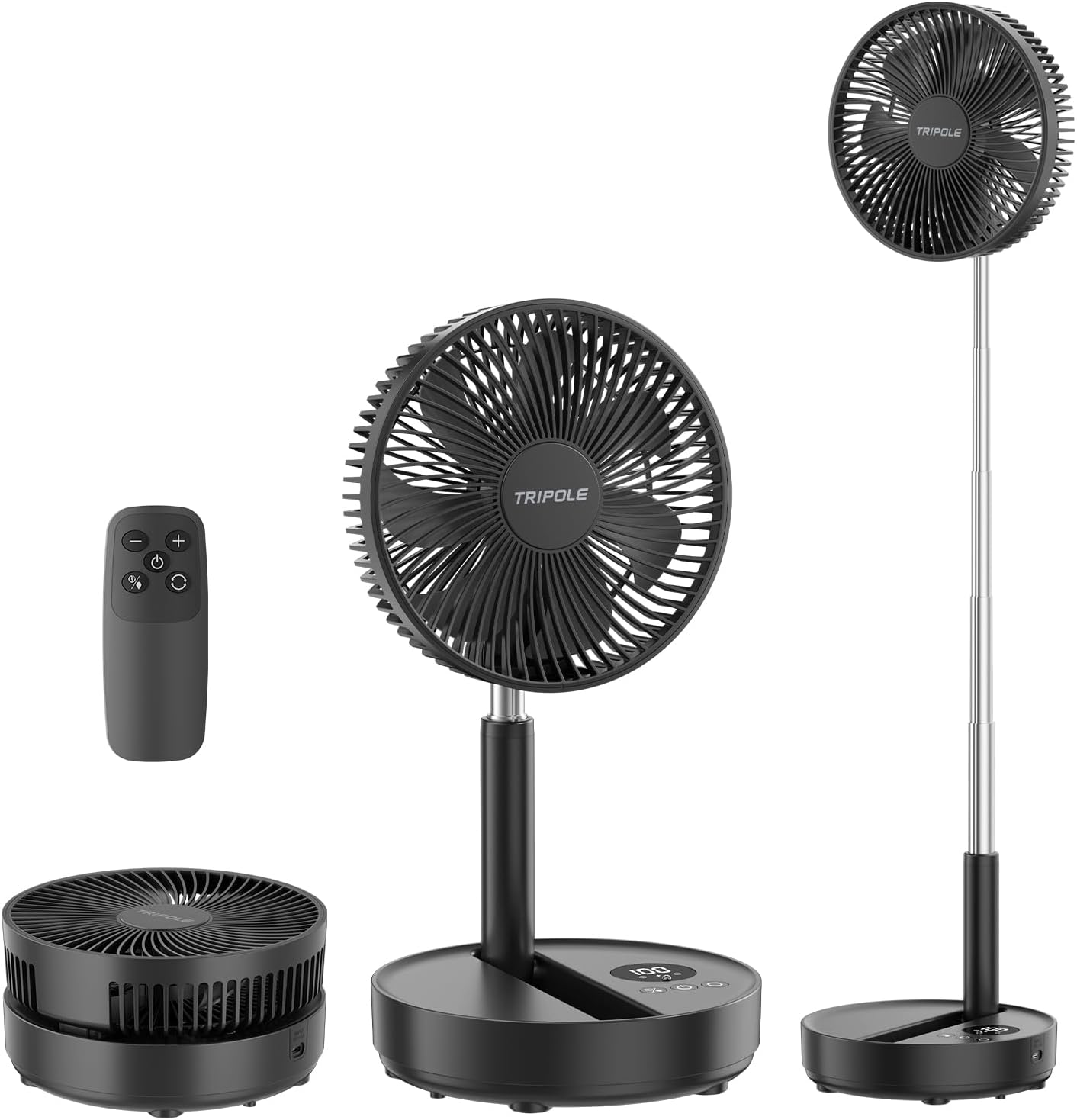 TriPole Portable Standing Fan, 8000mAh Rechargeable Oscillating Fan with Remote, 8.1'' Quiet Pedestal Floor Fan with LED Display & Timer, Foldable Small Desk Fans for Bedroom, Office, Camping, Travel