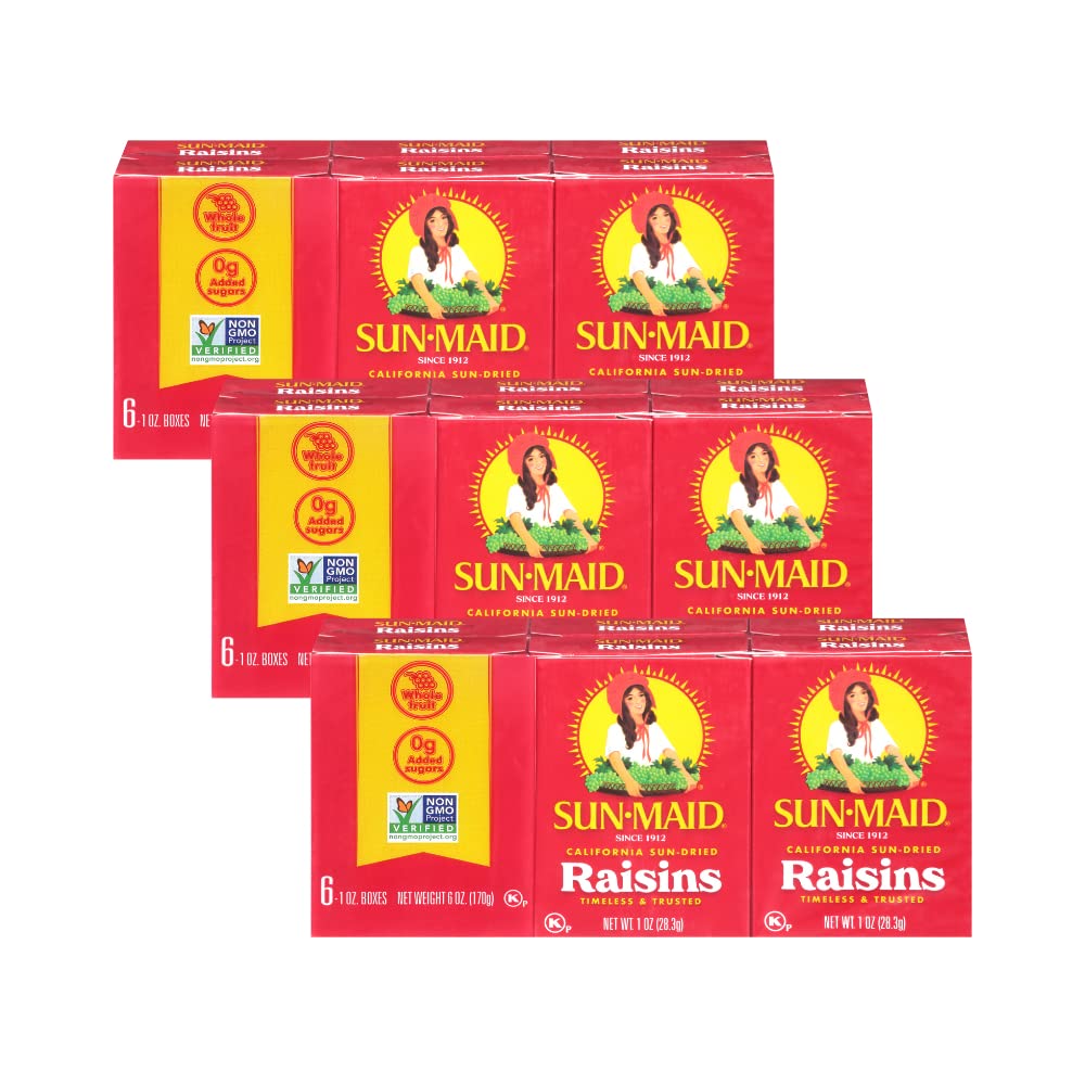 Sun-Maid Raisins Seedless, On-The-Go Snacks, 1 OZ, 6 CT, Pack of 3, (18 Total Packs)