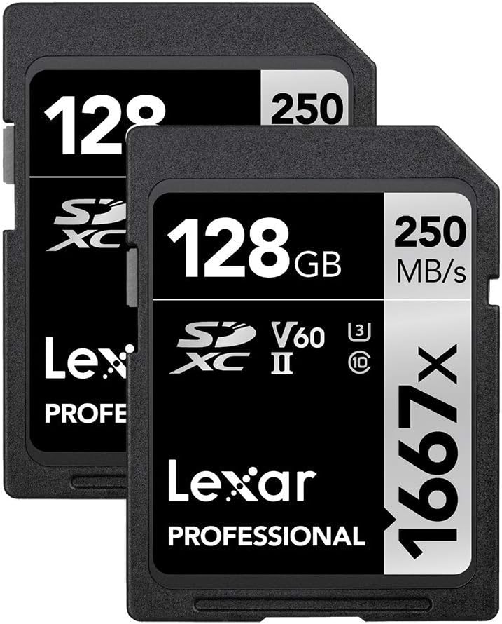 Lexar 128GB (2-Pack) Professional 1667x SD Card, UHS-II, C10, U3, V60, Full HD, 4K, Up To 250MB/s Read SDXC Memory Card, for Professional Photographer, Videographer, Enthusiast (LSD128CBNA16672)