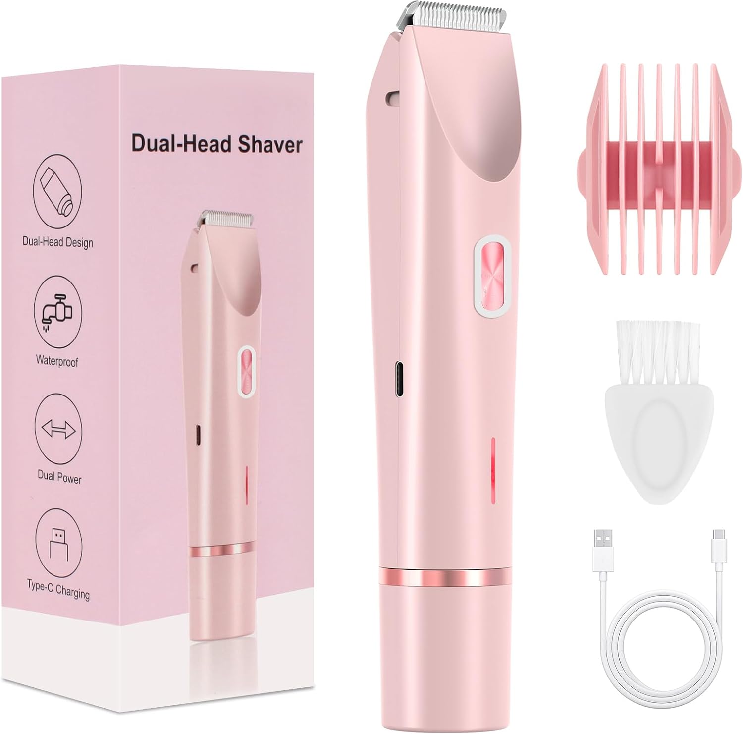 Lady Shaver for Women – 2-in-1 Bikini Trimmer & Razor, 5400 RPM Rechargeable, USB-C, Wet & Dry Use, Electric Razor for Women Legs, Body & Intimate Areas, Pink