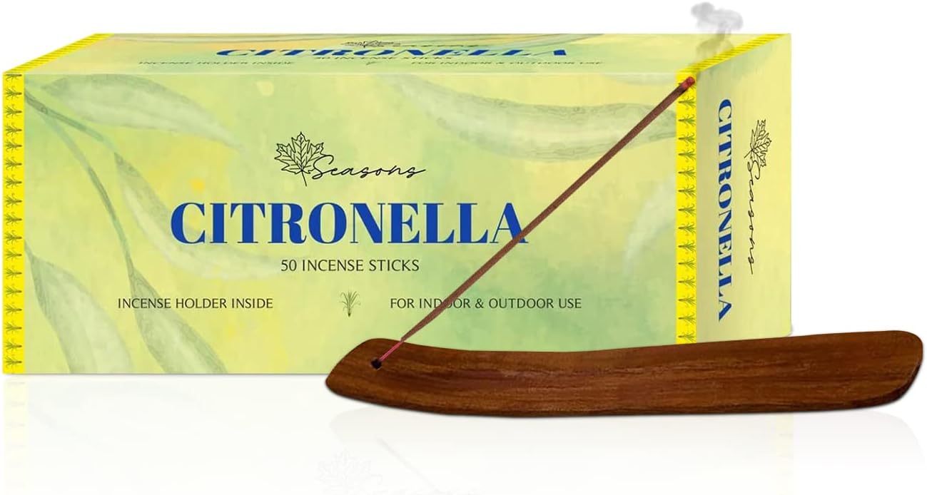 Seasons 50 Citronella Incense Sticks for Home, Kitchen, Outdoors, Bars, Office, Gift and more; keep Bugs and Insects away, comes with Wooden Incense Stick Kit Holder (Pack of 50)