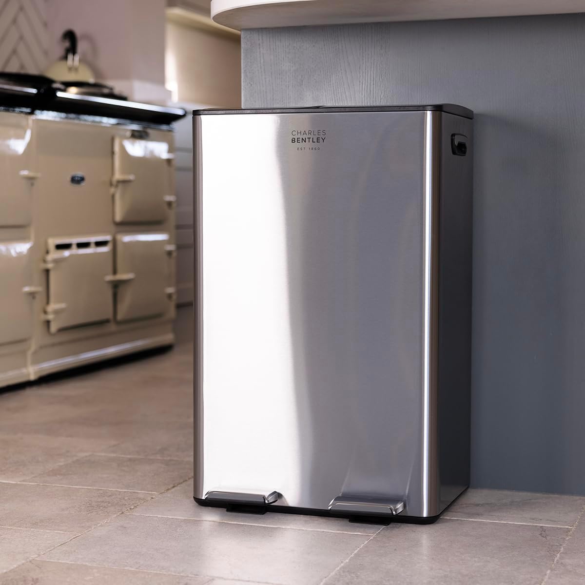 CHARLES BENTLEY Kitchen Bin, 60 Litre, Double Compartment, Kitchen Bin, Stainless Steel, Rubbish Bin, Bins for Kitchen, Waste Bin, Pedal Bin, Double Bin, Pedal Bins, for Kitchen (71x45x36cm)