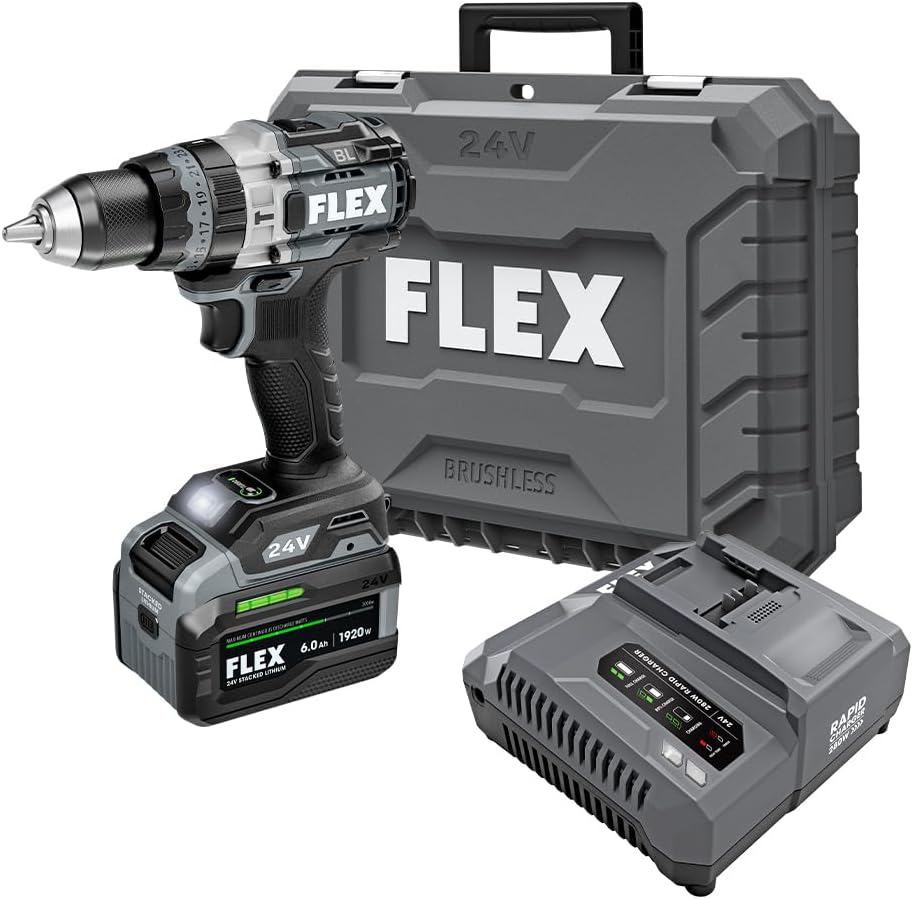 FLEX 24V Brushless Cordless 1/2-Inch 1,400 In-Lbs Torque 2-Speed Hammer Drill Turbo Mode Kit with 6.0Ah Stacked Lithium Battery and 280W Rapid Charger - FX1271T-1H