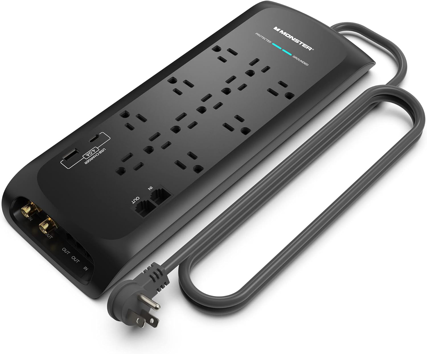 Monster Black Heavy Duty Surge Protector Power Strip 6 ft Cord with 12 120V-Outlet Extension, 2 Ethernet Switch Ports, 4050J Rating, 1 USB-A, and 1 USB-C Charging Ports – Ideal for Computers & Offices