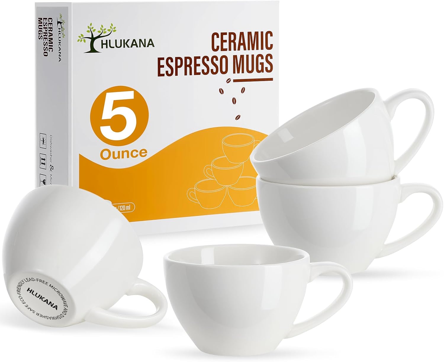 Porcelain Espresso Cups Set of 4, 5 oz Small Coffee Mugs, White Demitasse Cups Perfect for Espresso Machine and Coffee Maker, Microwave Dishwasher Safe Espresso Cups