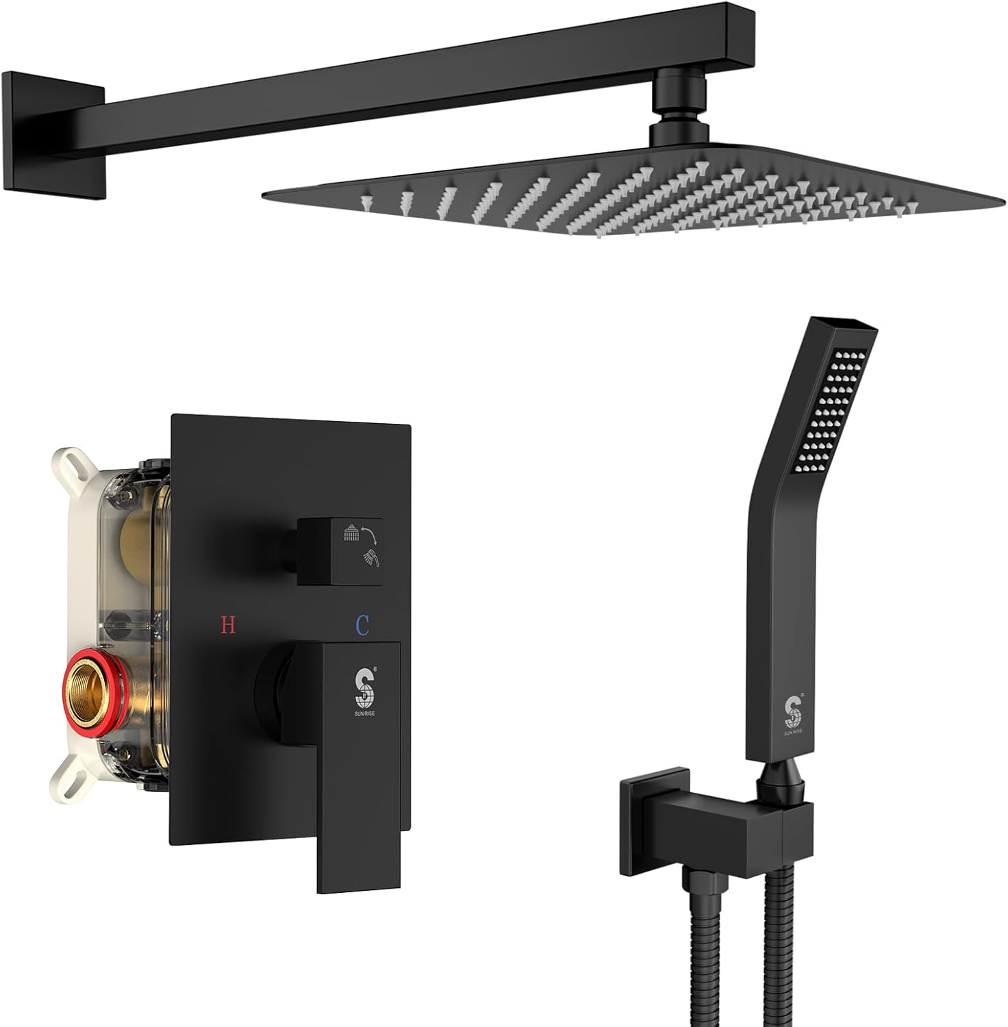 SR SUN RISE Black Square Rainfall Shower Head and Handle Set, Wall Mounted Shower Fixtures, Metal Shower Faucet Trim Repair Kits (With Shower Valve)