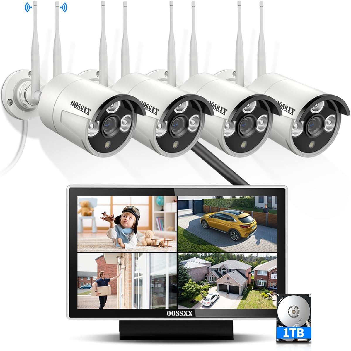 All-in-One Monitor & 2-Antennas Enchance Outdoor Security Camera System Wireless with Monitor WiFi Home Surveillance System 3.0MP Video Surveillance DVR Kit