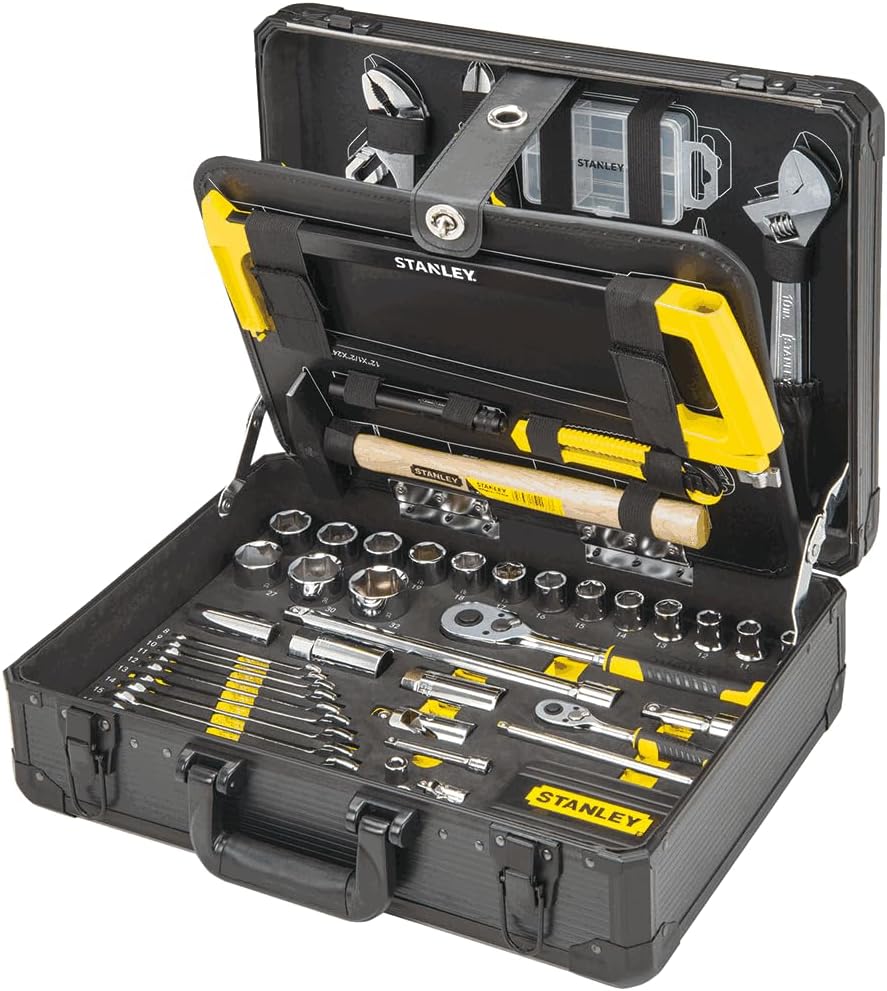 STANLEY 142 Piece Mixed Tool Set Maintenance Case, Pliers and Cutters, Adjustable Wrench, Level, Measure, Screwdriver, Hacksaw, Cutter, Hammer, Tightening and Screwing, STMT98109-1