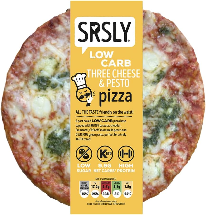 SRSLY Low Carb Pizzas | 9 Inch | Multipack of 3, 6 or 9 | Keto | Low Carb | Low Sugar | High Protein | No Compromise (Three Cheese & Pesto, x6 Pizza's)