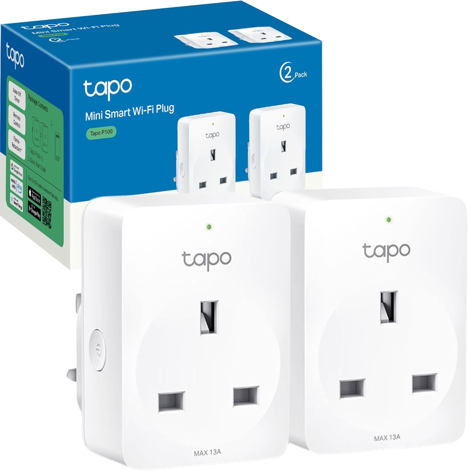 Tapo P100 (2-Pack) Smart Plug, Wi-Fi Plug, App Remote Control, Alexa Plug, Voice Control with Alexa & Google, Away Mode, Scheduling & Timer, Device Sharing, Easy Set Up, Multiple Safety Guarantees