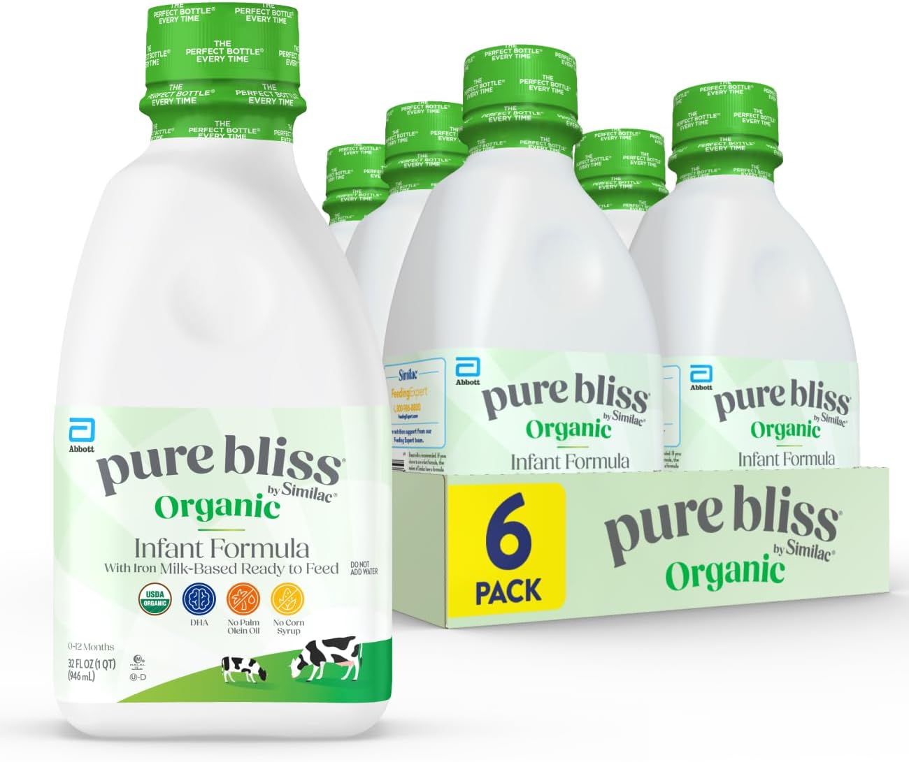 Pure Bliss by Similac Organic Infant Formula, Easy to Digest, USDA-Certified Organic, Ready to Feed, 32-fl-oz Bottle, Pack of 6