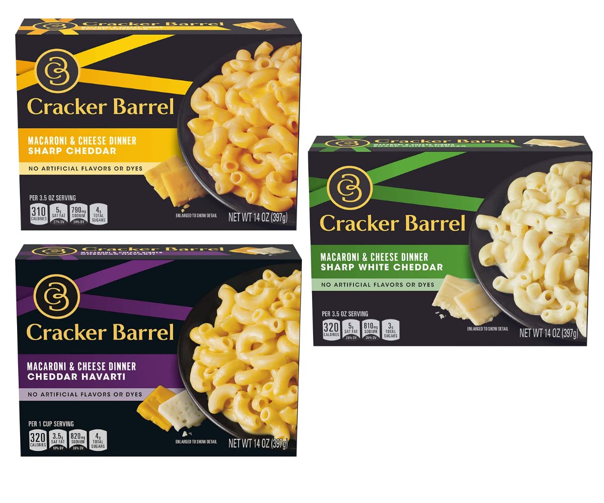 Macaroni and Cheese by Cracker Barrel in 3 Variety Packs - Sharp Cheddar, Cheddar Havarti and Sharp White Cheddar Flavor, An Instant Mac and Cheese Dinner Meal for the Whole Family, Pantry Staples in 14 Oz Box Each