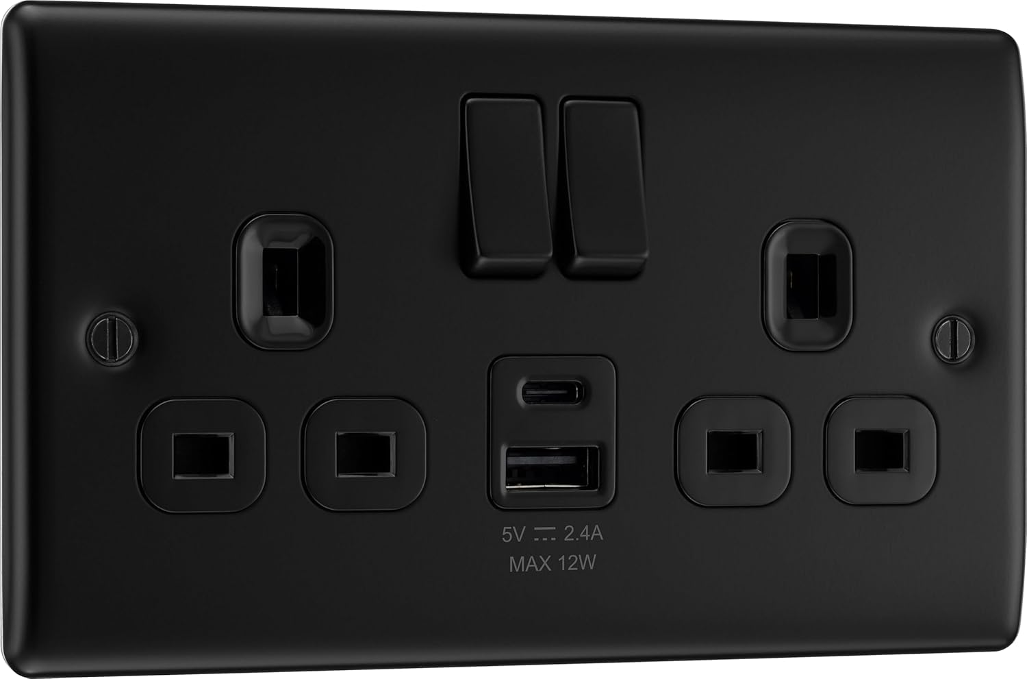 BG Electrical Double Switched Power Wall Plug Socket with Type A and Type C USB Charging Ports, Nexus Metal, Matt Black, 13A, 12W, NFB22UAC12B