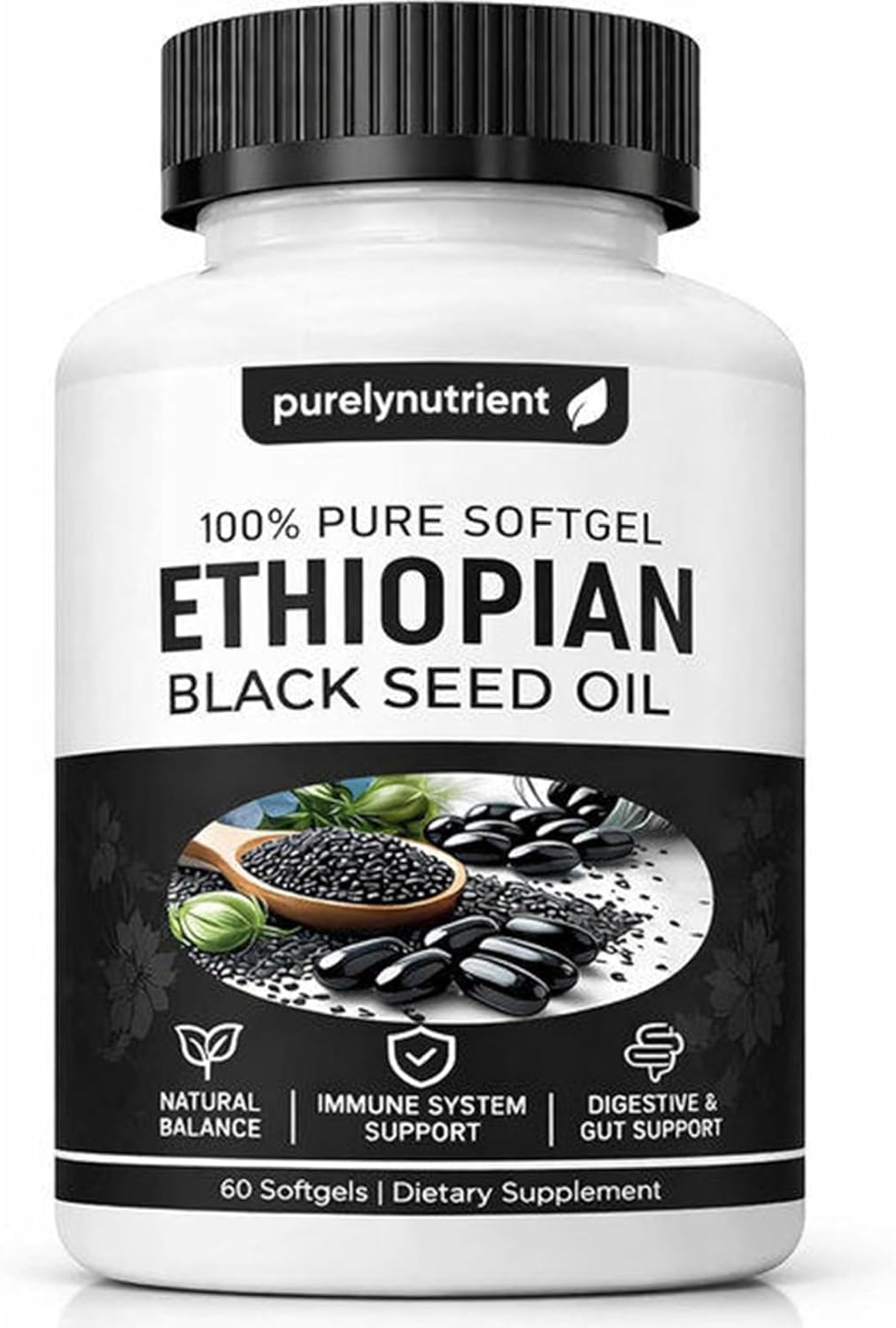 Ethiopian Black Seed Oil Capsules 4.64% Thymoquinone – Purely Nutrient Organic Cold Pressed Black Cumin Seed Oil Softgels, Non-GMO, Gluten-Free, 60 Softgels