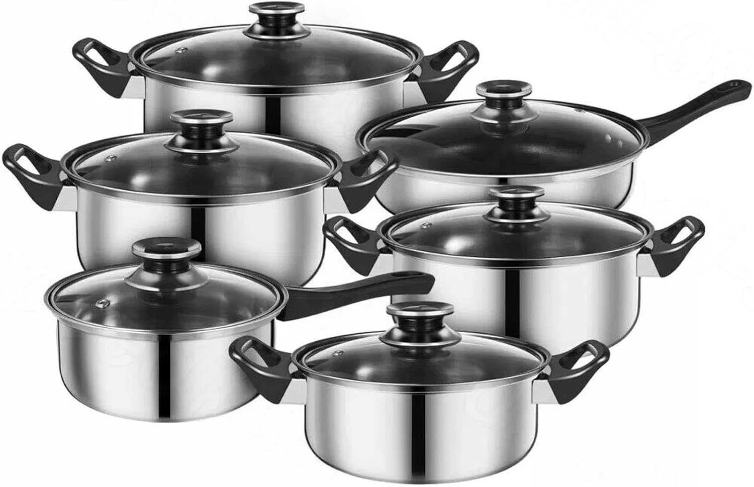 6 Pcs Induction Stainless Steel Pan Cookware Set, Saucepan Set Non Stick with Glass Lids,Silver