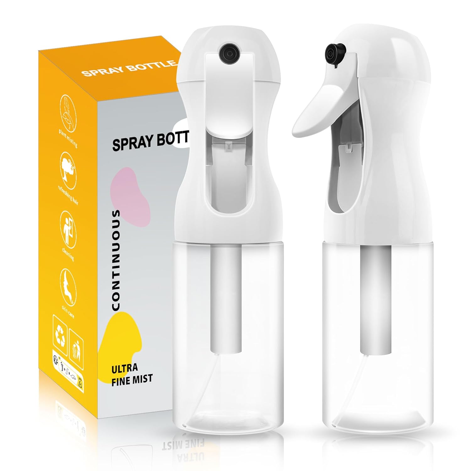 2Pcs Continuous Spray Bottle For Hair,Ultra Fine Refillable Water Mister for Hair Styling, Plants, Cleaning, Salon, Misting & Skin Care（200ml/6.8oz Clear）