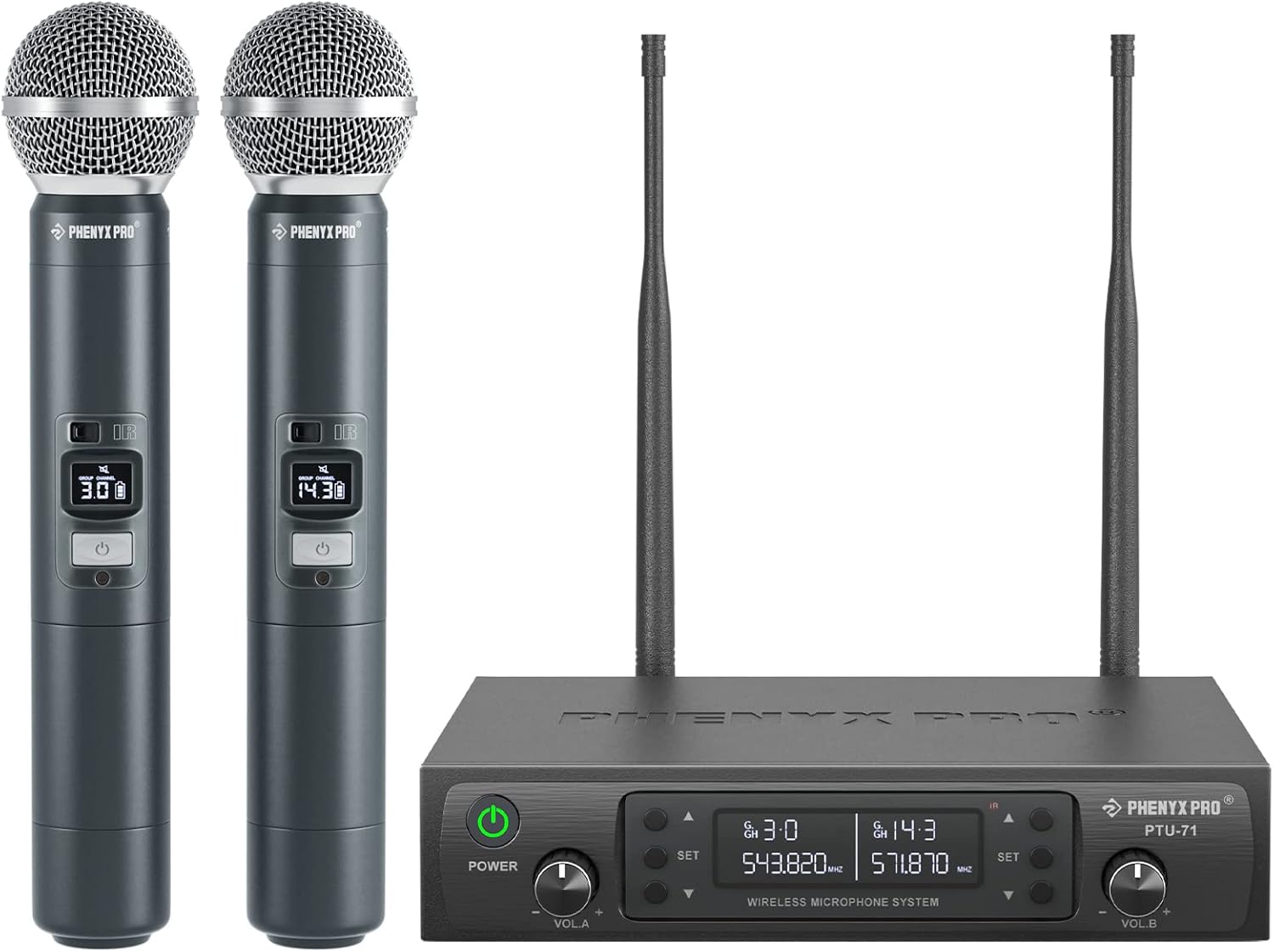 Phenyx Pro Wireless Microphone System, Dual Wireless Mics,w/ 2 Handheld Dynamic Microphones, Auto Scan,2x100 UHF Frequencies,328ft Range,Microphone for Singing, Karaoke, Church(PTU-71-2H)