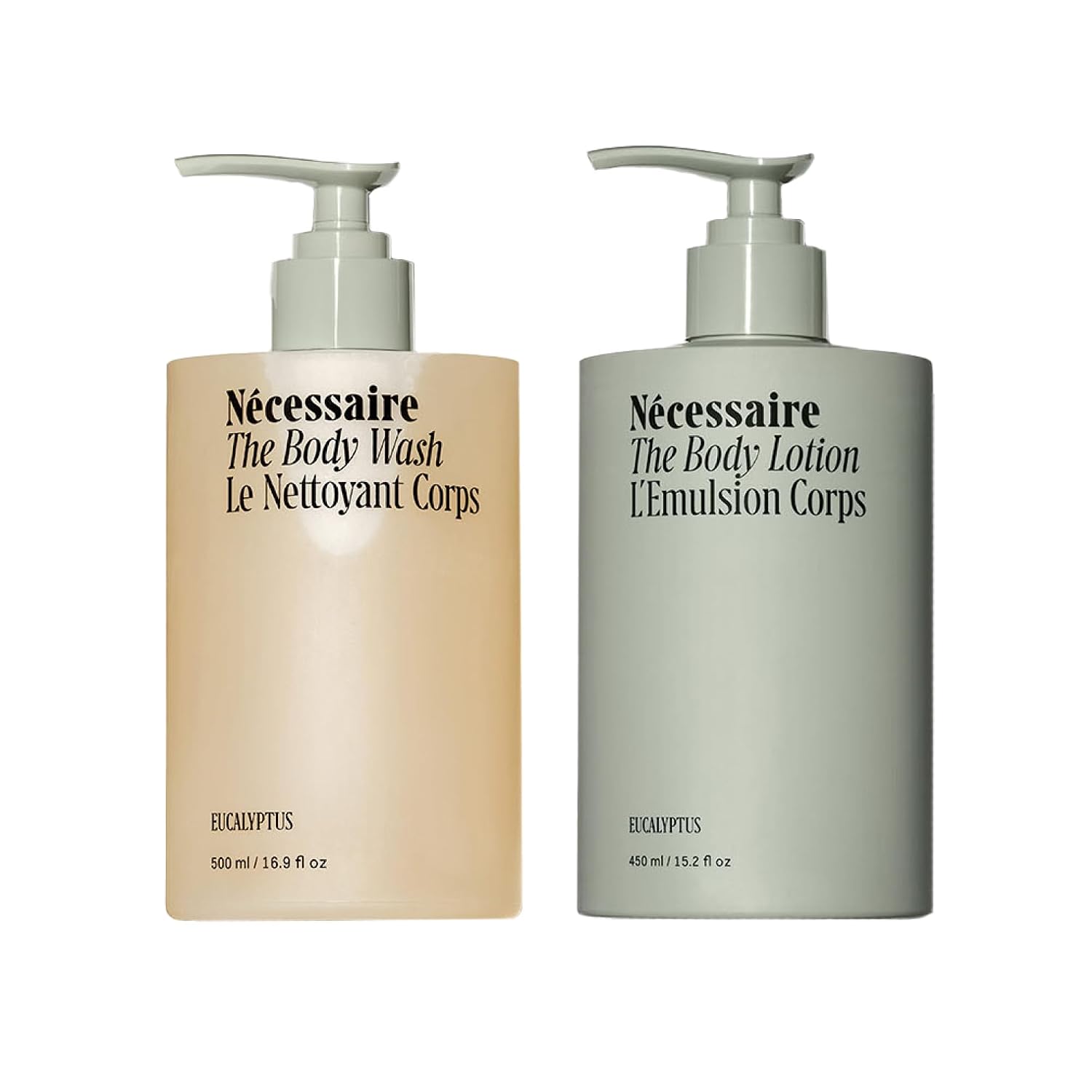 Nécessaire The Body Duo (Eucalyptus) Skincare Gift Set For Women + Men - The Body Wash 16.9oz + The Body Lotion 15.2oz. Multi-Oil Shower Gel Cleanser + Multi-Peptide Body Moisturizer. Non-Comedogenic.