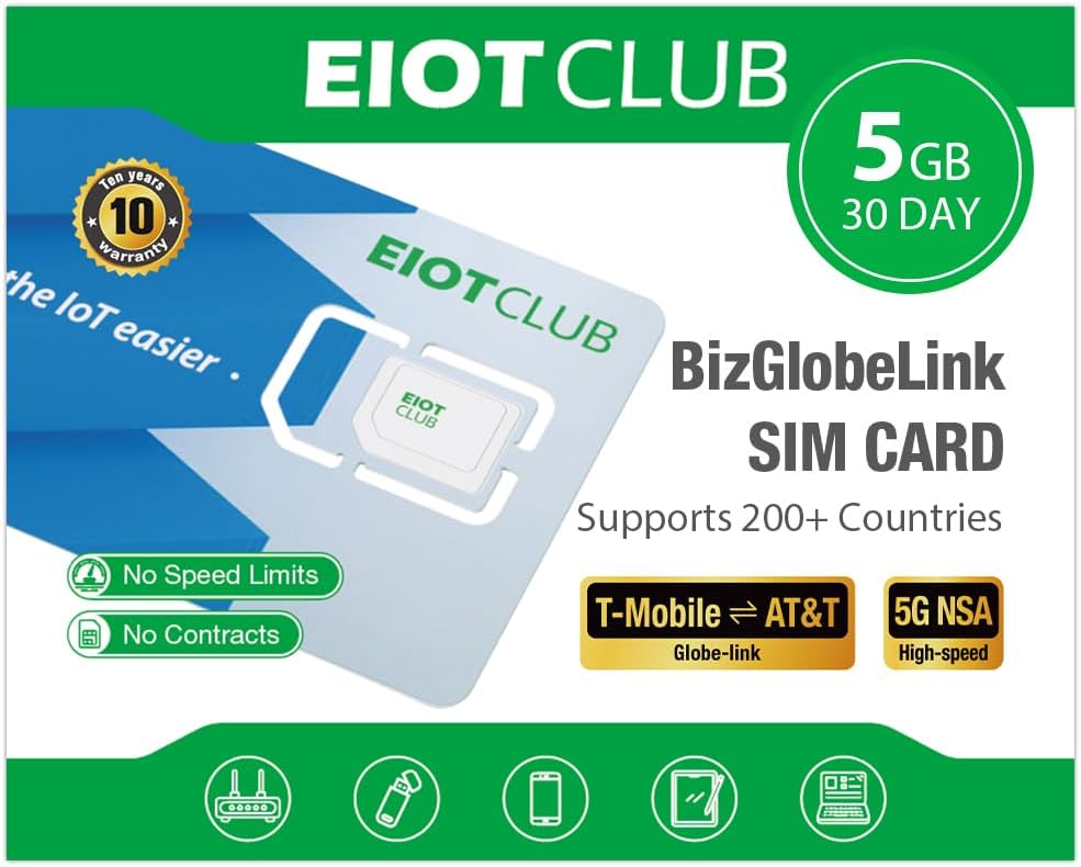 EIOTCLUB International SIM Card - 5GB/30Day, 5G/4G Business Travel SIM Card for USA/Europe/200+ Countries, Prepaid Data SIM for Mobile Phone, Router, Hotspot (No Roaming Charges)