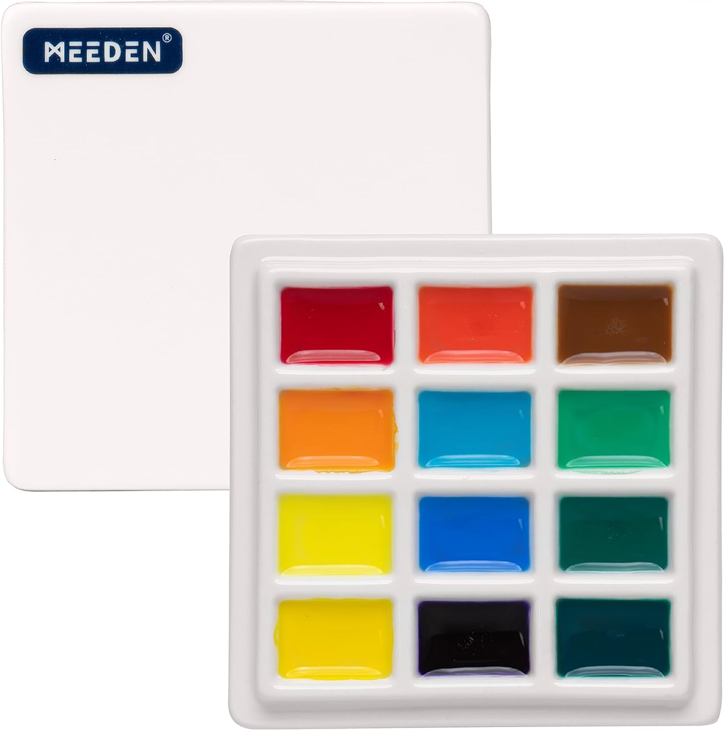 MEEDEN Porcelain Paint Palette with Cover, 12-Well Peminum Ceramic Mixing Tray for Painting Watercolor Gouache, Easy-to-Clean