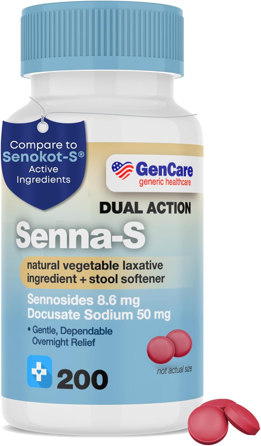 GenCare - Senna-S Natural Vegetable Laxative Plus Stool Softener Dual Action (200 Tablets) Value Pack | Gentle Dependable Overnight Relief of Occasional Constipation Generic for Senokot-S
