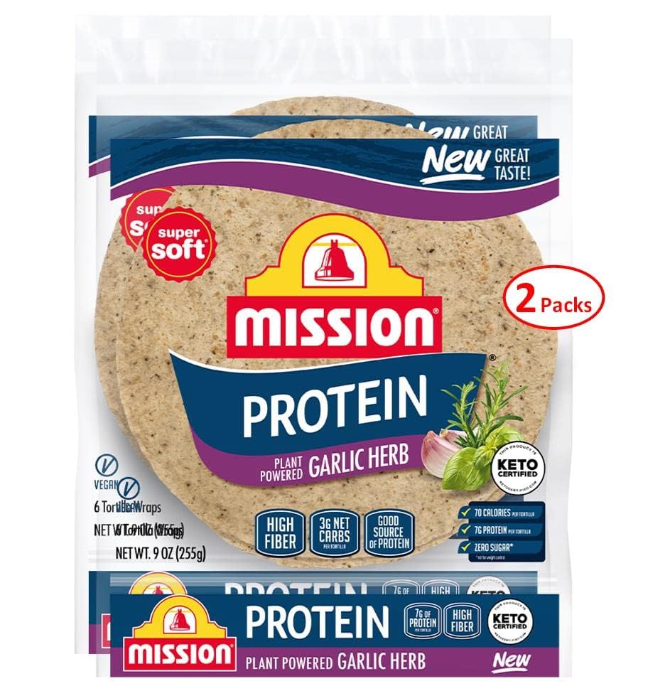 Mission Protein Garlic Herb Tortillas, 6 Count, 9 oz, 3g Net Carbs, High Fiber, Low Carb, Keto Certified, Vegan - 2 Packs (12 Tortilla Wraps)