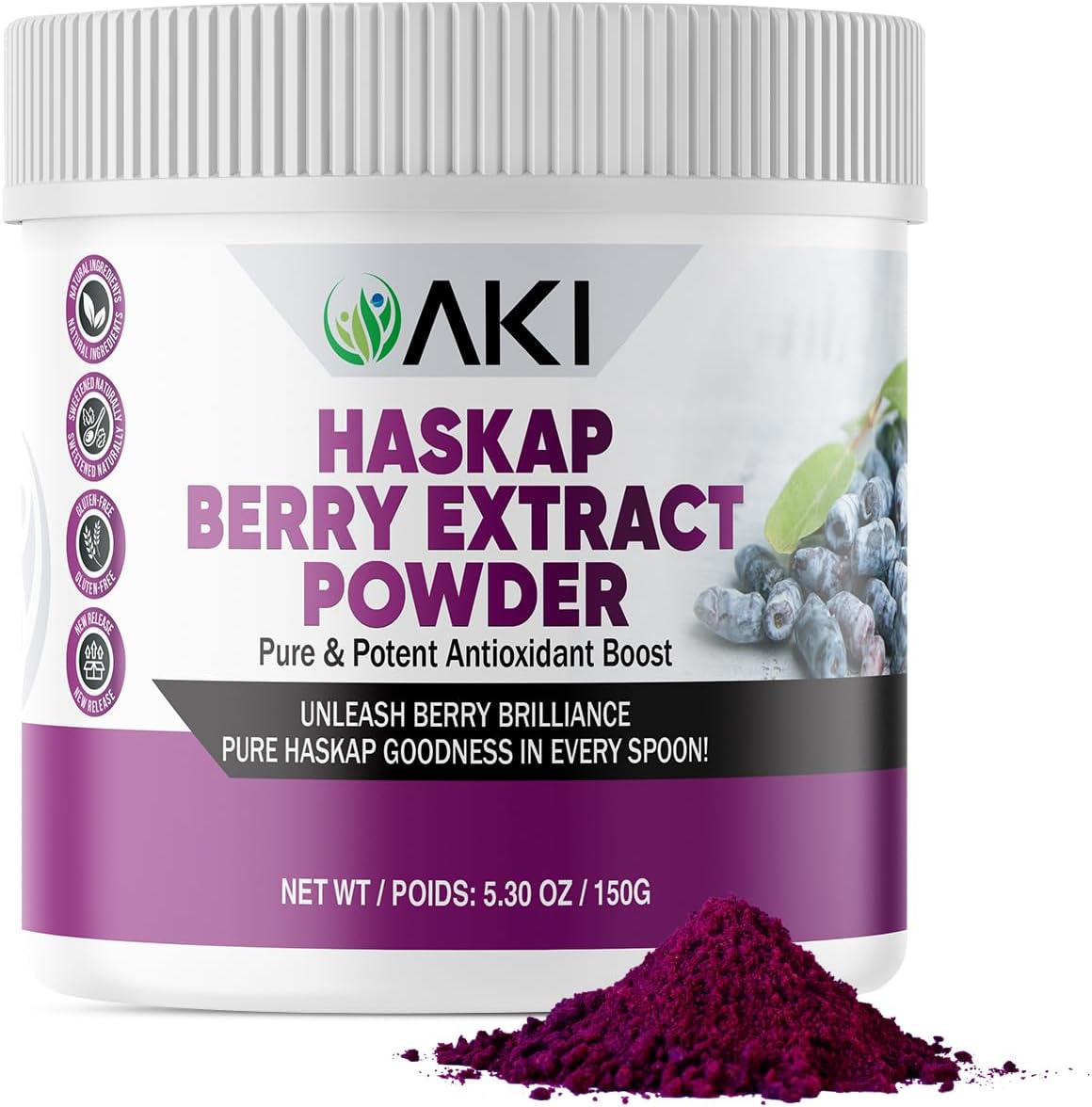 AKI Haskap Berry Extract Powder 150g (5.30oz) - Antioxidant-Rich Superfood with Vitamin C & Polyphenols - Energy Support, Mind Balance - No Artificial Flavors or Colors from Quality Dried Berries
