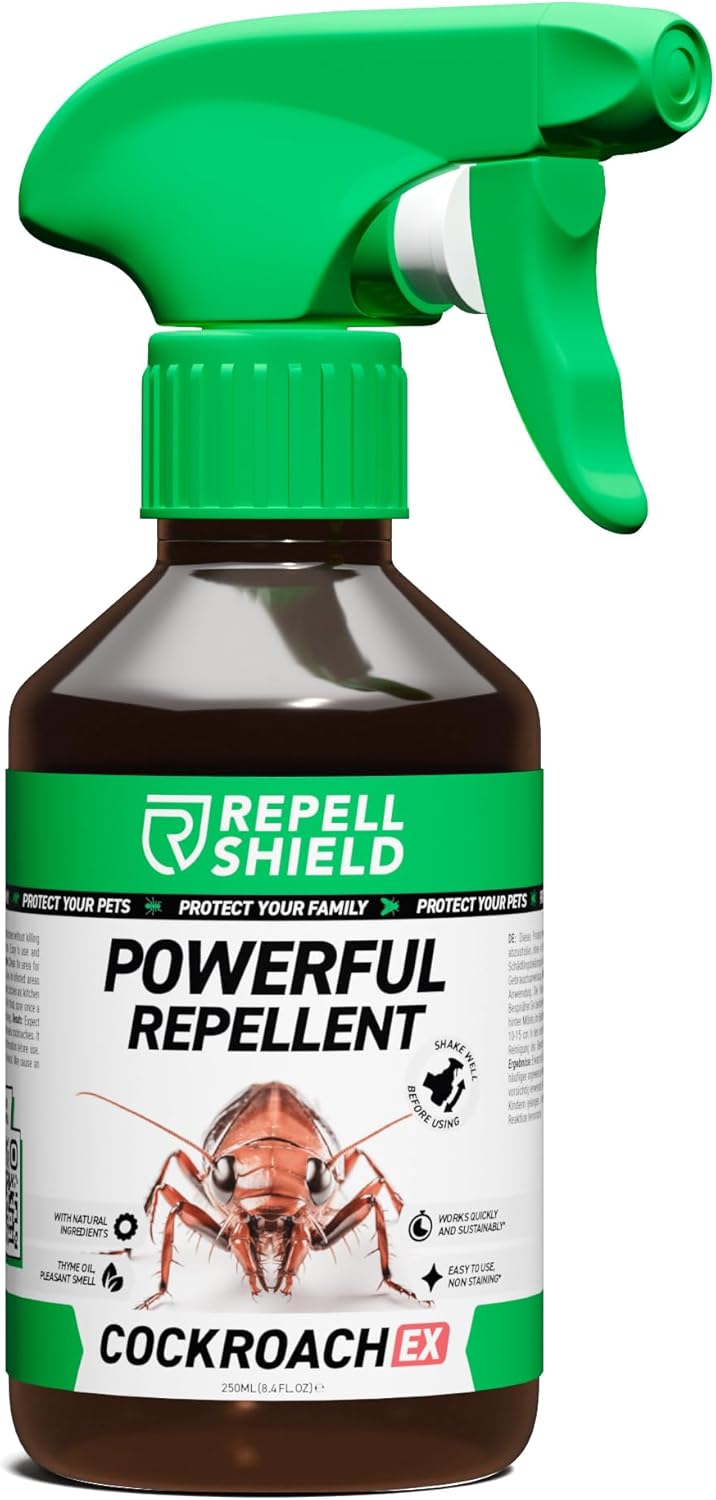 RepellShield Cockroach Repellent Spray - Natural Geraniol Oil, Pet-Safe, Non-Toxic, High Efficiency Pest Control for Homes, Thyme Scented, Versatile Indoors & Outdoors, Eco-Friendly Eradication, 250ml