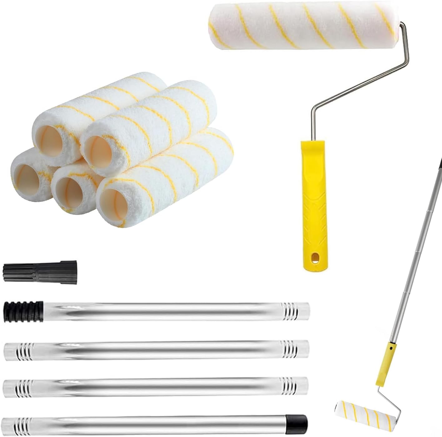 ACEBON House Paint Roller Kit, 9 inch Roller Frame with 6 Microfiber Replacement Covers, Stainless Steel Extension Pole 4 Segments Total 1.2m, Home Painting Supplies for Walls & Ceilings﻿