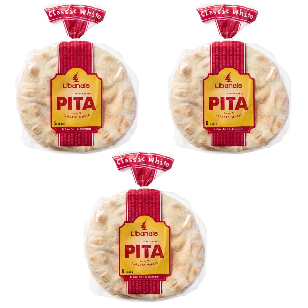 Libanais 10" Classic White Traditional Lebanese Pita Bread, Vegan, Kosher, Halal, 3 Pack, 6 loaves per pack (18 Pitas). Freshly Baked Daily!