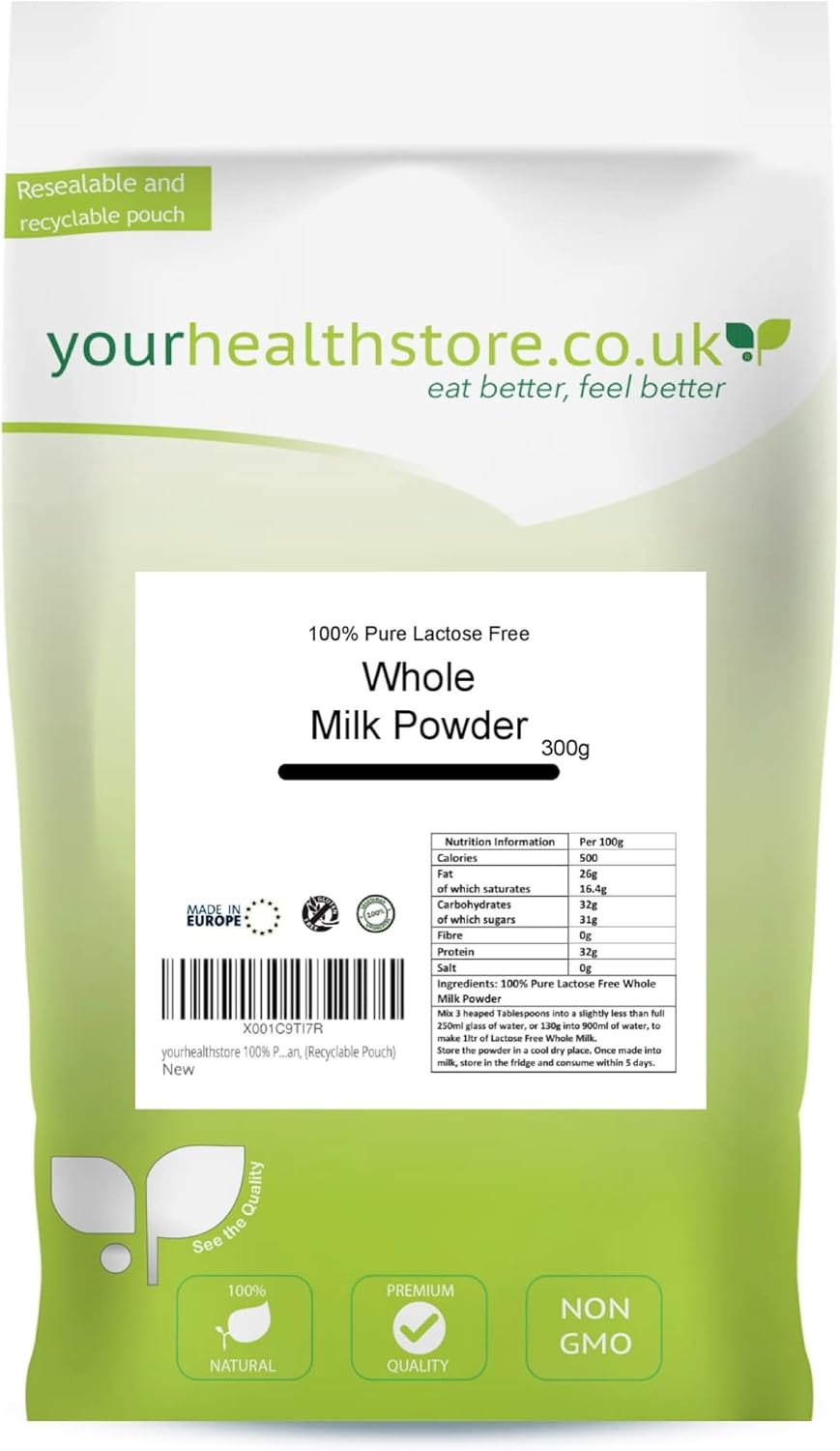yourhealthstore 100% Pure Lactose Free Whole Milk Powder 300g, No Additives, No Added Sugar, No Soy Lecithin, No Bovaer, Vegetarian, (Recyclable Pouch)