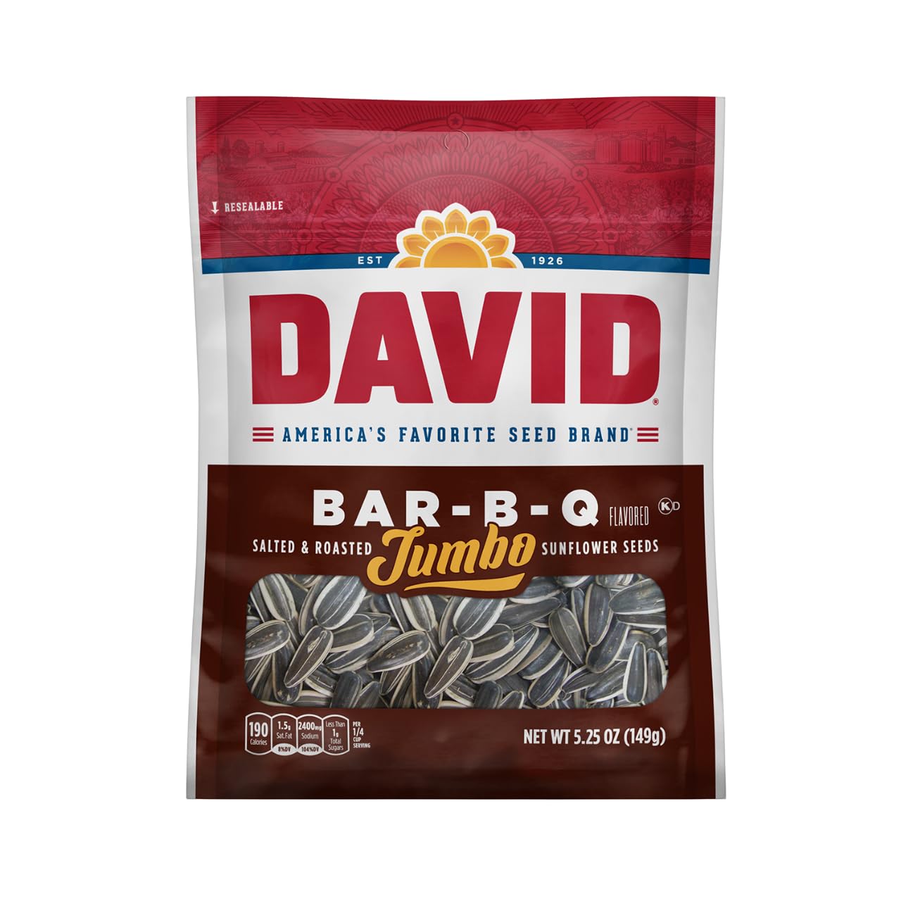 DAVID SEEDS Roasted and Salted Bar-B-Q Jumbo Sunflower Seeds, 5.25 oz, 12 Pack