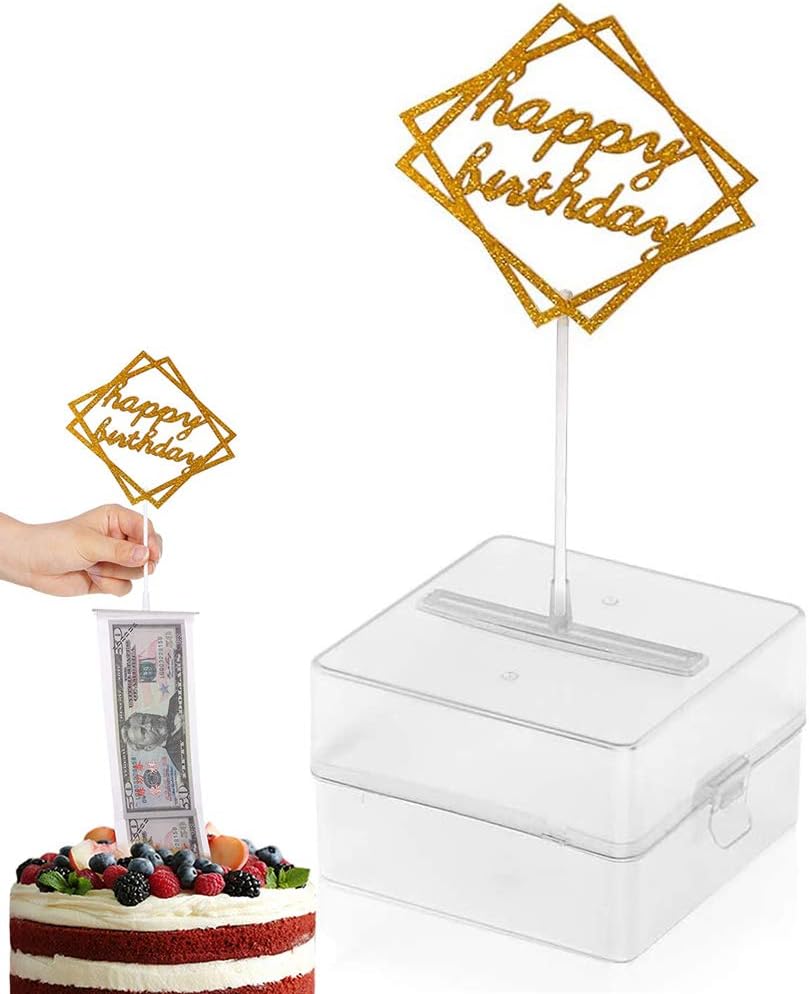 SIENON The Money Pull Out Box Cake Topper Kit, 1Pc Clear Food Contact Safe Box, 1Pc Gold Happy Brithday, 20Pcs Pockets for Birthday Graduation Wedding Party Surprise Cake Decorations