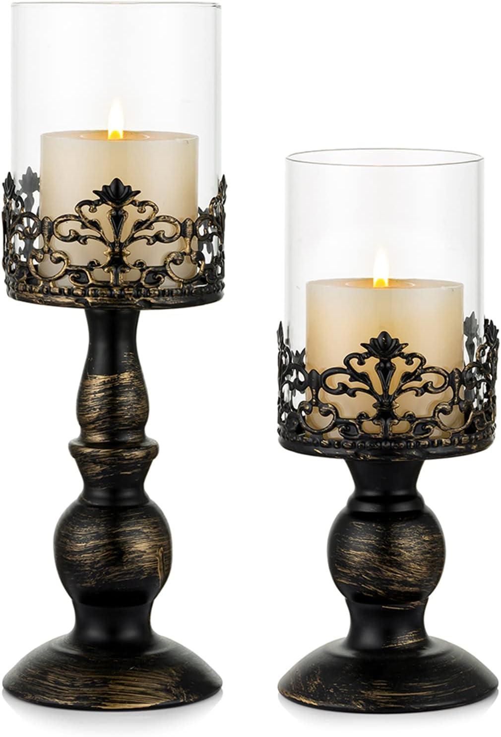 Sziqiqi Candle Holder, Vintage Distressed Black Hurricane, 2pcs, Versatile Metallic Pedestal Glass, 27cm & 33cm, Fireplace Mantel Decoration
