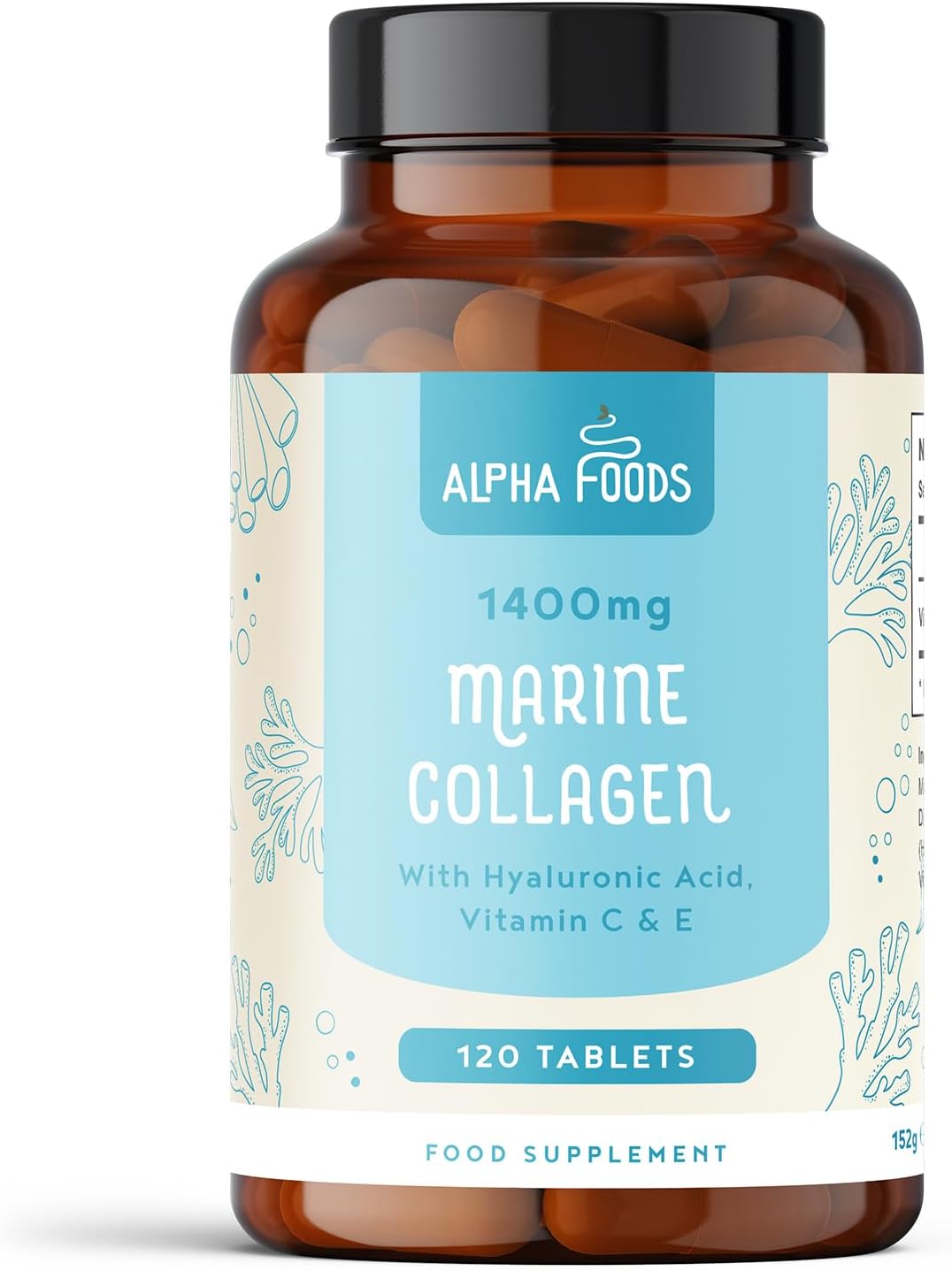 Marine Collagen Tablets 1400mg | with Hyaluronic Acid, Vitamin C, E, Zinc & Biotin | High Strength Hydrolysed Collagen Supplements for Women and Men | 120 Tablets | Skin, Joints & Hair | Alpha Foods