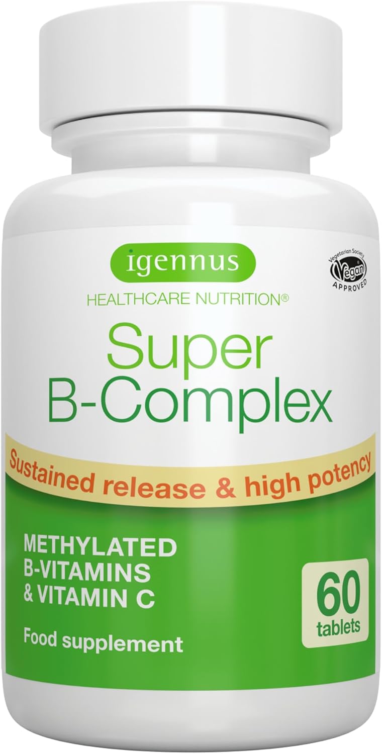 Igennus Super B-Complex - High Absorption Methylated B Vitamins, Clean Label, Sustained Release - Complete Spectrum of B Vitamins with Folate, Boosted B12 & Vitamin C, 60 Tablets