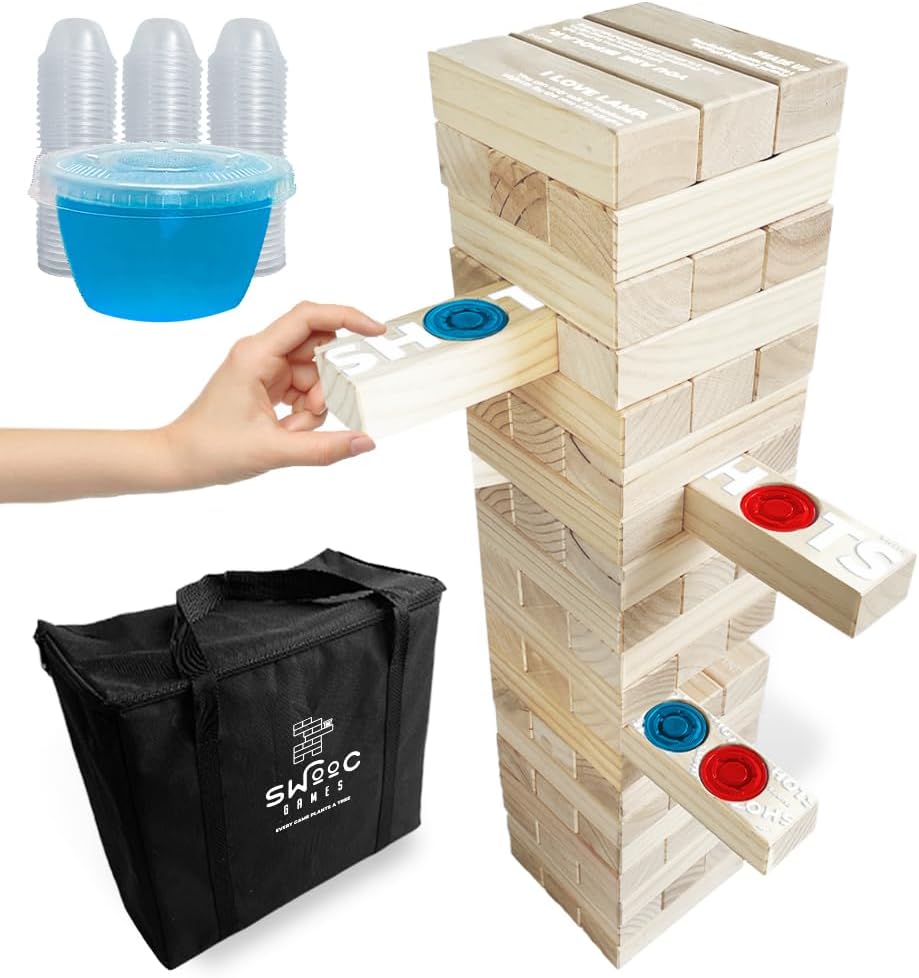SWOOC Games - Giant Tower Party Game with Hidden Jello Shots - Includes Disposable Cups, Lids & Carrying Case - Stacks up to 5ft - Tipsy Topple Game for Adults - Giant Outdoor Games - Jumbo Bar Games