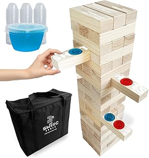 SWOOC Games - Giant Tower Party Game with Hidden Jello Shots - Includes Disposable Cups, Lids & Carrying Case - Stacks up to 5ft - Tipsy Topple Game for Adults - Giant Outdoor Games - Jumbo Bar Games