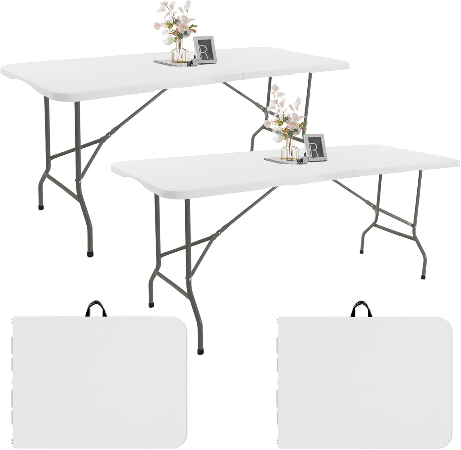 2 Pack 6 FT Folding Tables White Foldable Table, Fold-in-Half with Carrying Handle Portable Plastic Rectangular Table for Party, Dining, Wedding, Camping, Picnic, Indoor Outdoor Events
